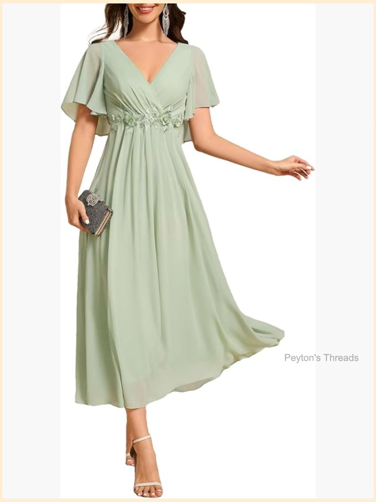V Neck Chiffon A-Line Maxi Formal Dress Applique Wedding Guest